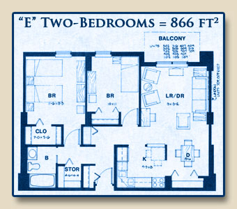 Unit E has Two Bedrooms with 866 Square Feet