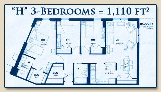 Unit H has Three Bedrooms with 1,110 Square Feet