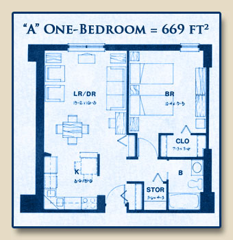 Unit A has One Bedroom with 669 Square Feet