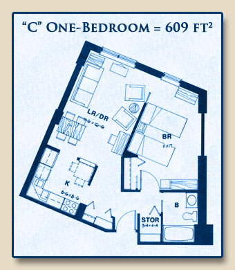 Unit C has One Bedroom with 609 Square Feet