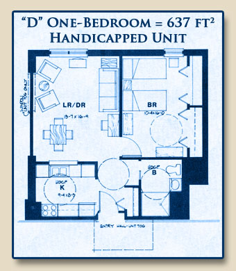 Unit D has One Bedroom with 637 Square Feet