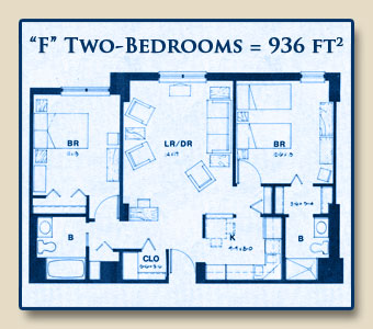 Unit F has Two Bedrooms with 936 Square Feet