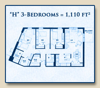 Unit H has Three Bedrooms with 1,110 Square Feet
