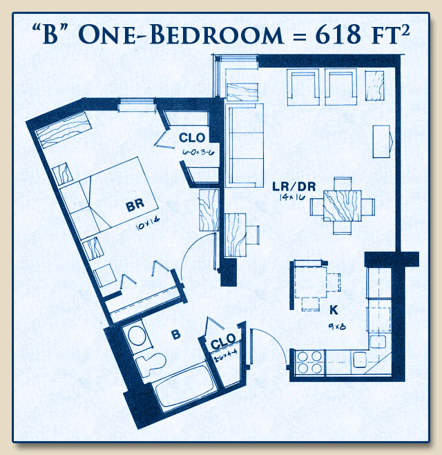 Unit B has One Bedroom with 618 Square Feet