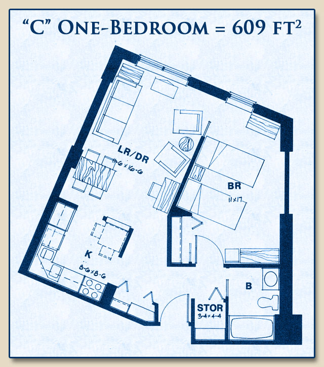 Unit C has One Bedroom with 609 Square Feet