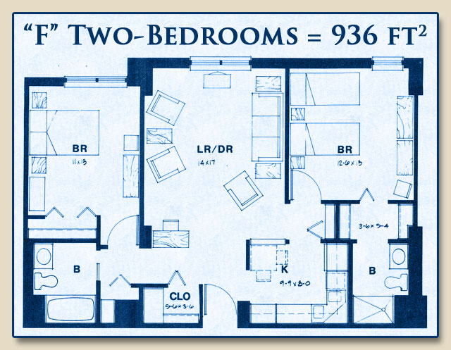 Unit F has Two Bedrooms with 936 Square Feet