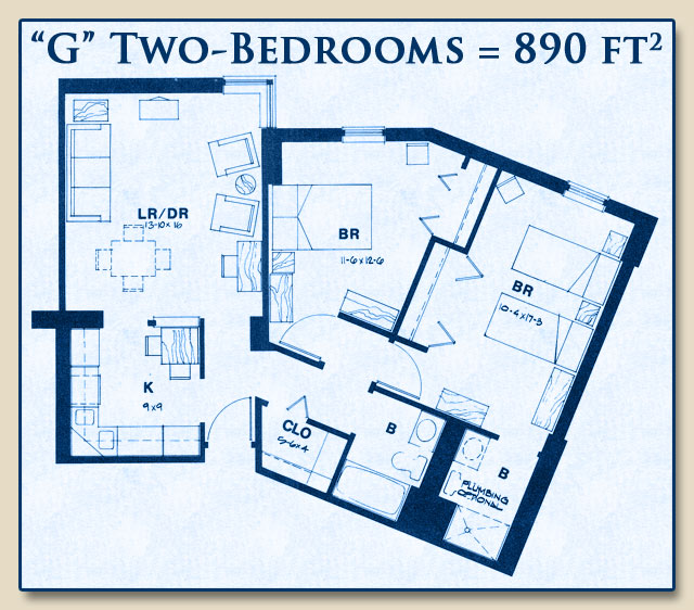 Unit G has Two Bedrooms with 890 Square Feet